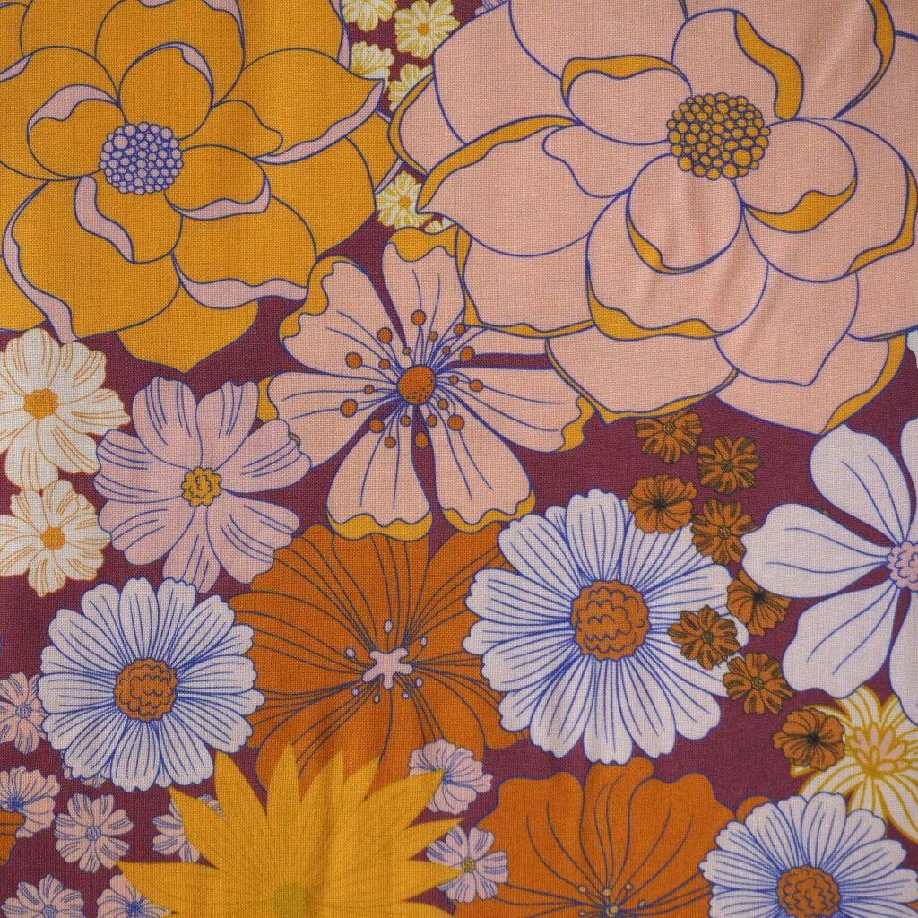 Viskose Druck Retro Blütenmischung violett gelb orange